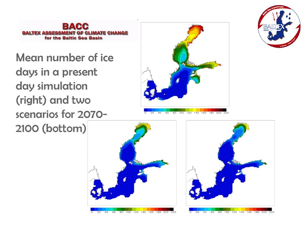 Mean number of ice days in a present day simulation (right) and two scenarios for (bottom)