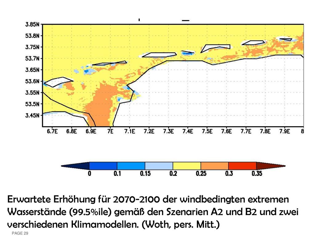 Erwartete Erhöhung für der windbedingten extremen Wasserstände (99.5%ile) gemäß den Szenarien A2 und B2 und zwei verschiedenen Klimamodellen.