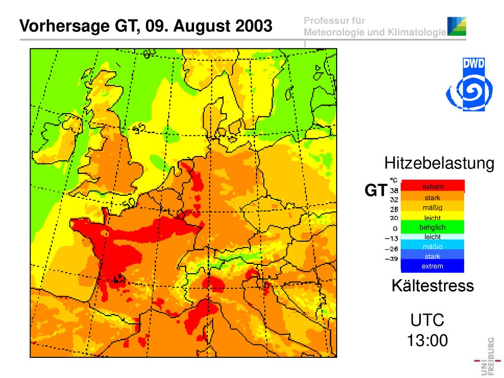 Vorhersage GT, 09. August 2003 Hitzebelastung GT Kältestress UTC 13:00