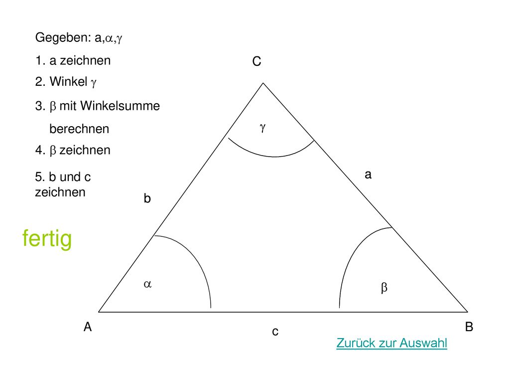 fertig Gegeben: a,a,g 1. a zeichnen b a B C c A g C 2. Winkel g