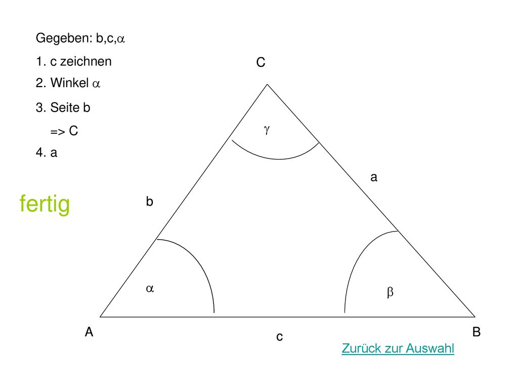 fertig Gegeben: b,c,a 1. c zeichnen a B C c A b g C b 2. Winkel a