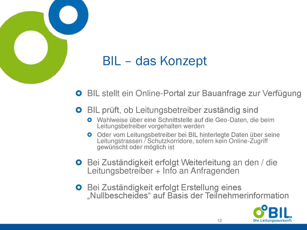 BIL – das Konzept BIL stellt ein Online-Portal zur Bauanfrage zur Verfügung. BIL prüft, ob Leitungsbetreiber zuständig sind.