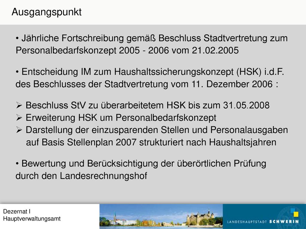 Ausgangspunkt Jährliche Fortschreibung gemäß Beschluss Stadtvertretung zum Personalbedarfskonzept vom