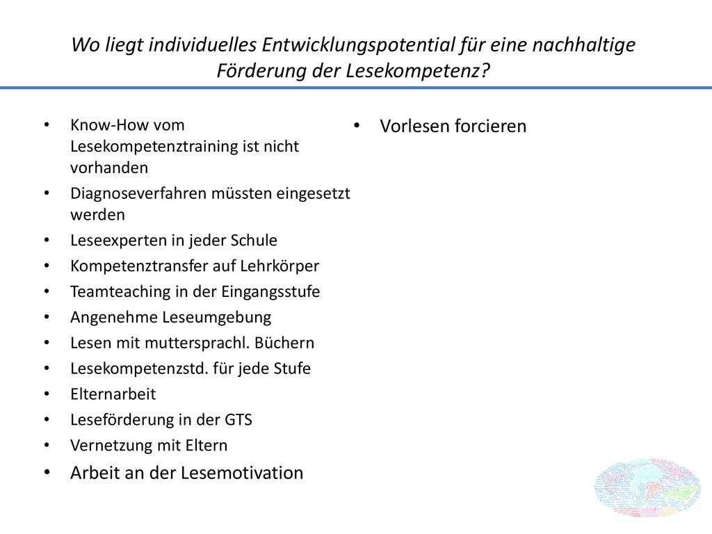 Wo liegt individuelles Entwicklungspotential für eine nachhaltige Förderung der Lesekompetenz