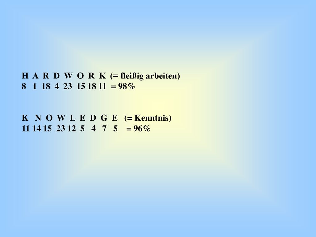 H A R D W O R K (= fleißig arbeiten) = 98% K N O W L E D G E (= Kenntnis) = 96%