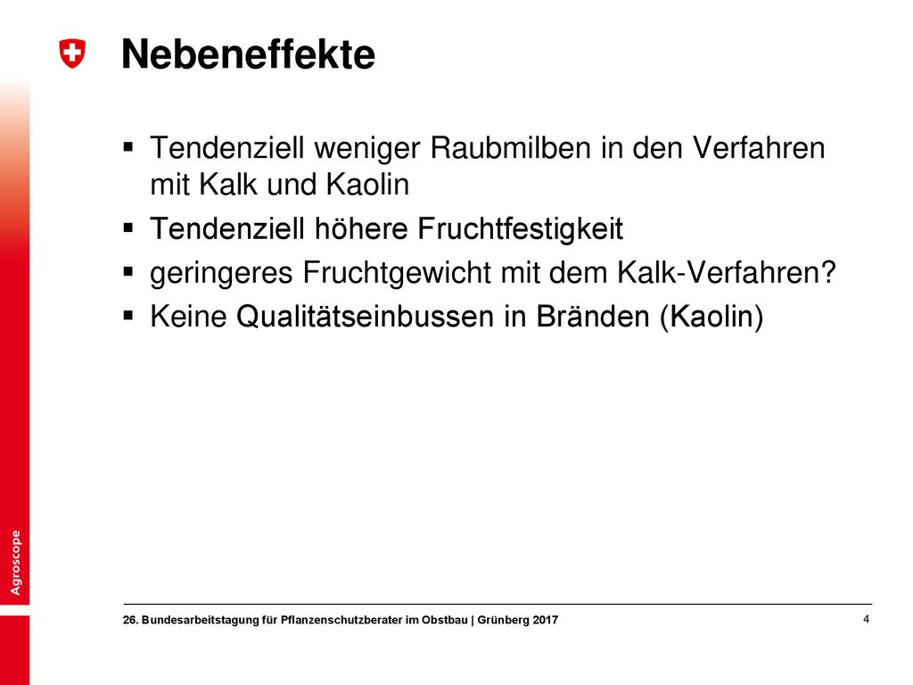 Nebeneffekte Tendenziell weniger Raubmilben in den Verfahren mit Kalk und Kaolin. Tendenziell höhere Fruchtfestigkeit.