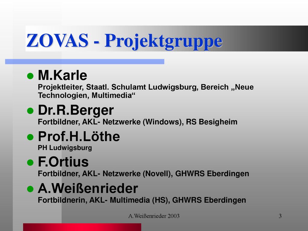 ZOVAS - Projektgruppe M.Karle Projektleiter, Staatl. Schulamt Ludwigsburg, Bereich „Neue Technologien, Multimedia