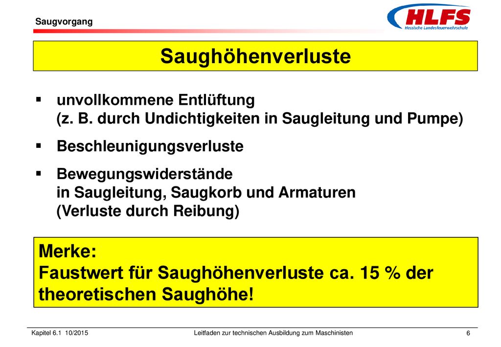 Saugvorgang Saughöhenverluste. unvollkommene Entlüftung (z. B. durch Undichtigkeiten in Saugleitung und Pumpe)