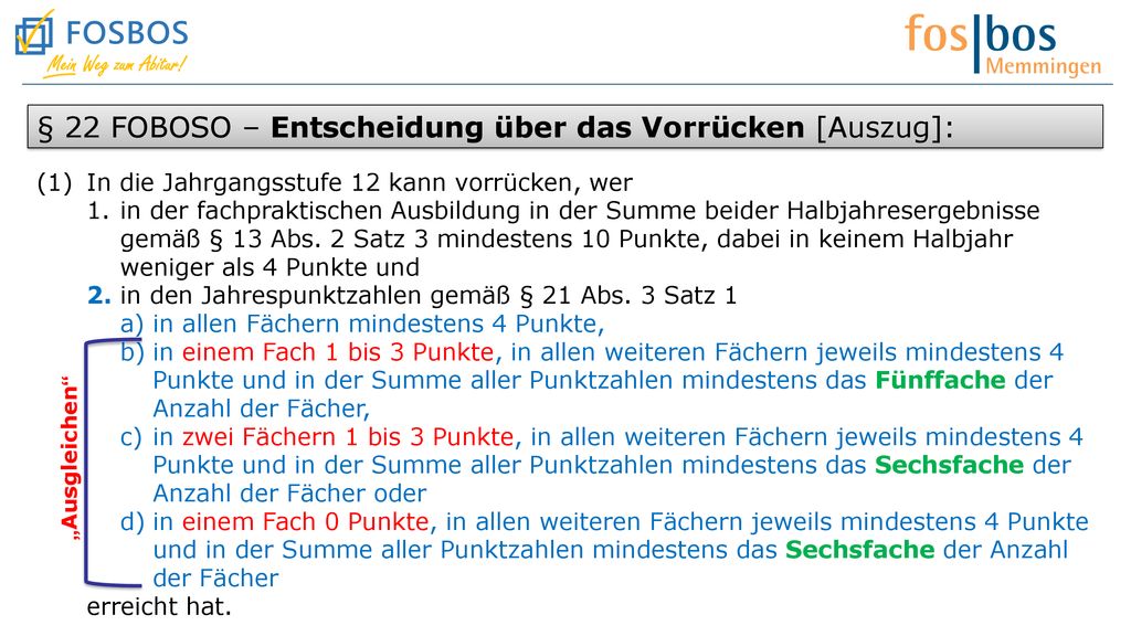 § 22 FOBOSO – Entscheidung über das Vorrücken [Auszug]: