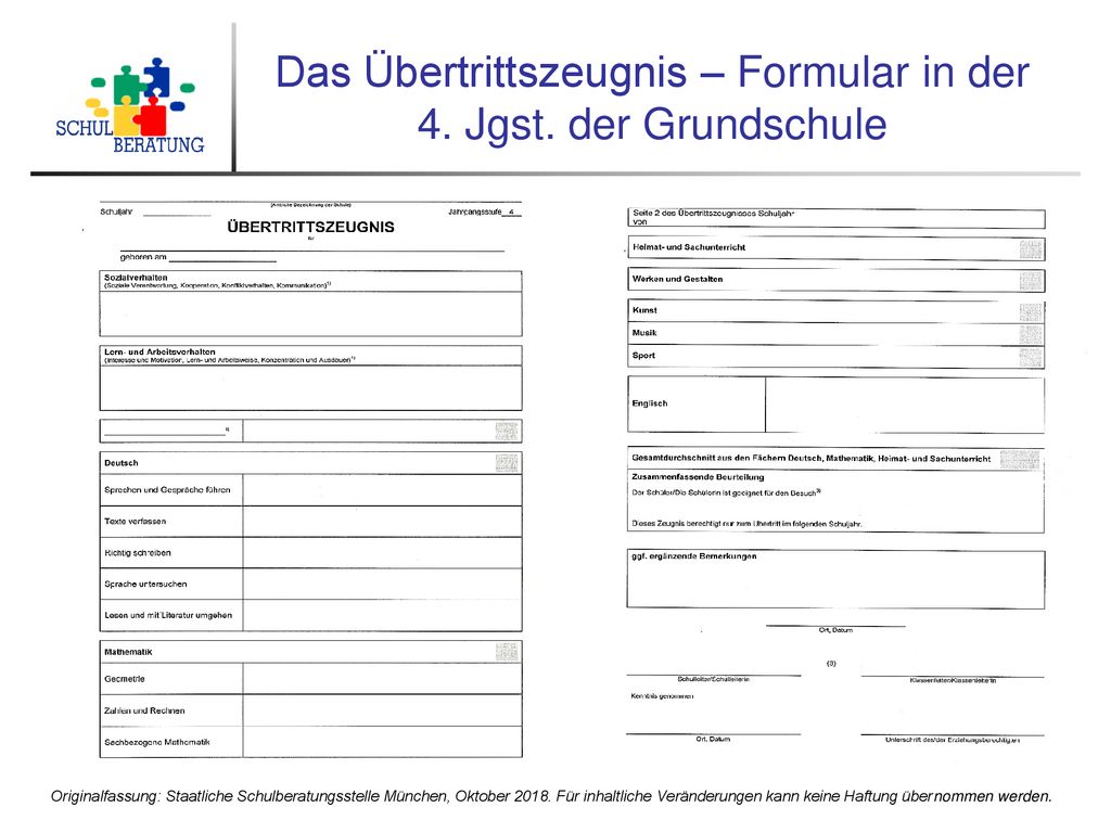 Das Übertrittszeugnis – Formular in der 4. Jgst. der Grundschule