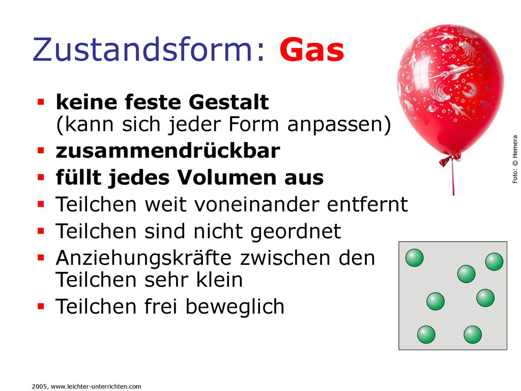 Zustandsform: Gas keine feste Gestalt (kann sich jeder Form anpassen)