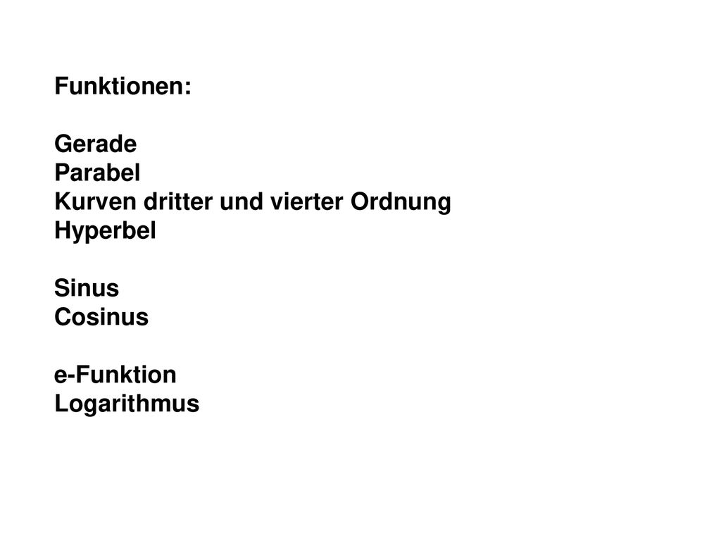 Funktionen: Gerade. Parabel. Kurven dritter und vierter Ordnung. Hyperbel. Sinus. Cosinus. e-Funktion.