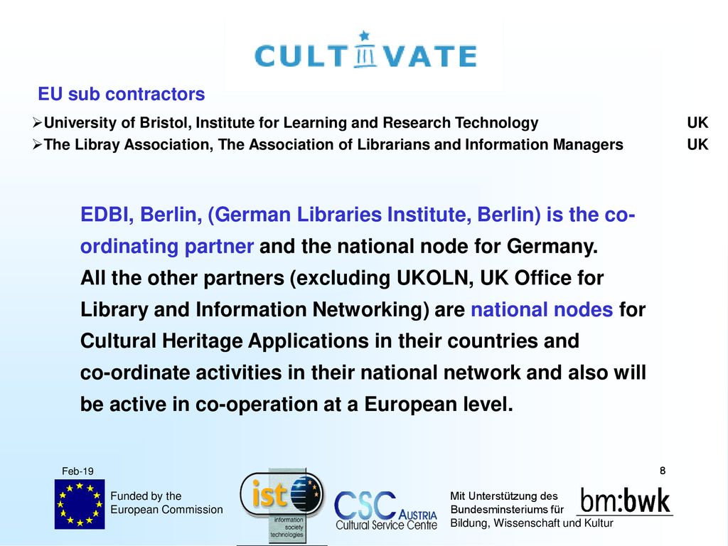 EU sub contractors University of Bristol, Institute for Learning and Research Technology UK.