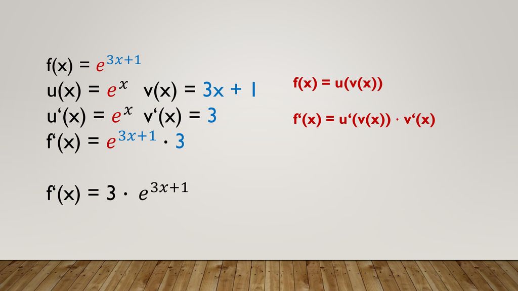 u(x) = 𝑒 𝑥 v(x) = 3x + 1 u‘(x) = 𝑒 𝑥 v‘(x) = 3 f‘(x) = 𝑒 3𝑥+1 ∙ 3