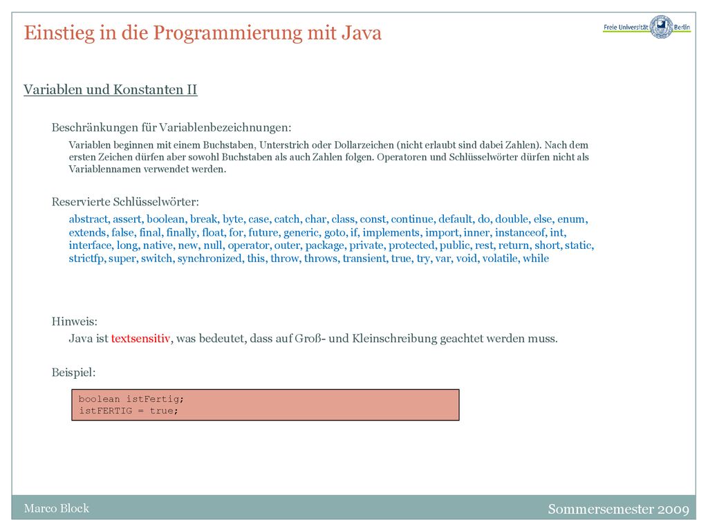 Einstieg in die Programmierung mit Java Variablen und Konstanten II