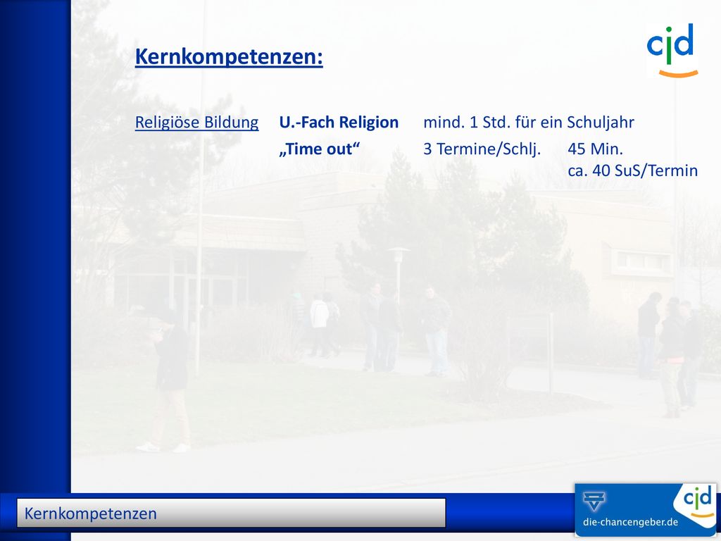 Kernkompetenzen: Religiöse Bildung U.-Fach Religion mind. 1 Std. für ein Schuljahr. „Time out 3 Termine/Schlj. 45 Min.