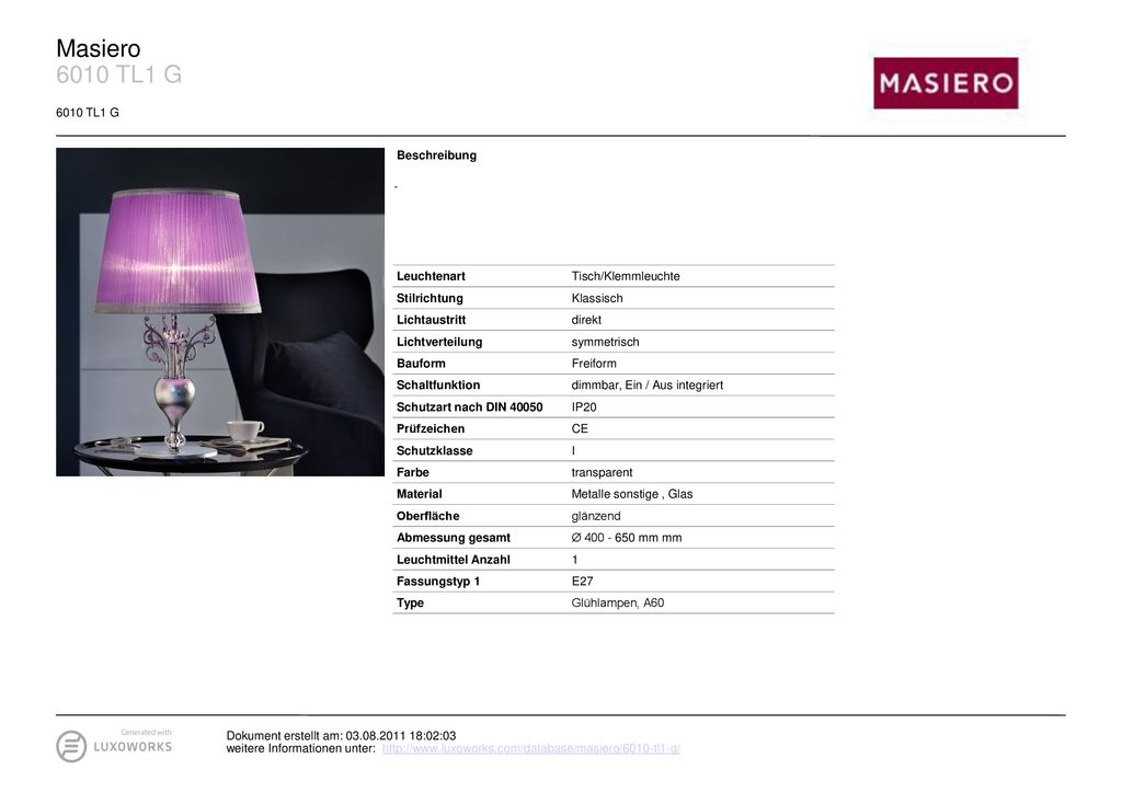 Masiero 6010 TL1 G 6010 TL1 G Beschreibung - Leuchtenart