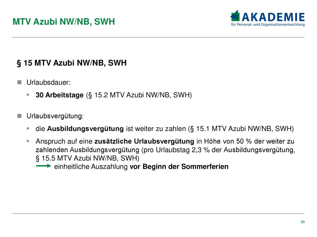 MTV Azubi NW/NB, SWH § 15 MTV Azubi NW/NB, SWH Urlaubsdauer: