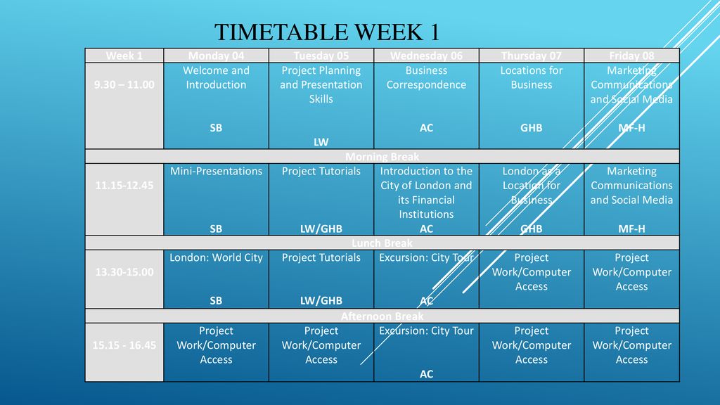TImeTable Week 1 Week 1 Monday 04 Tuesday 05 Wednesday 06 Thursday 07