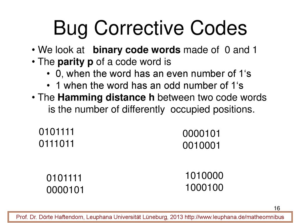 Bug Corrective Codes We look at binary code words made of 0 and 1