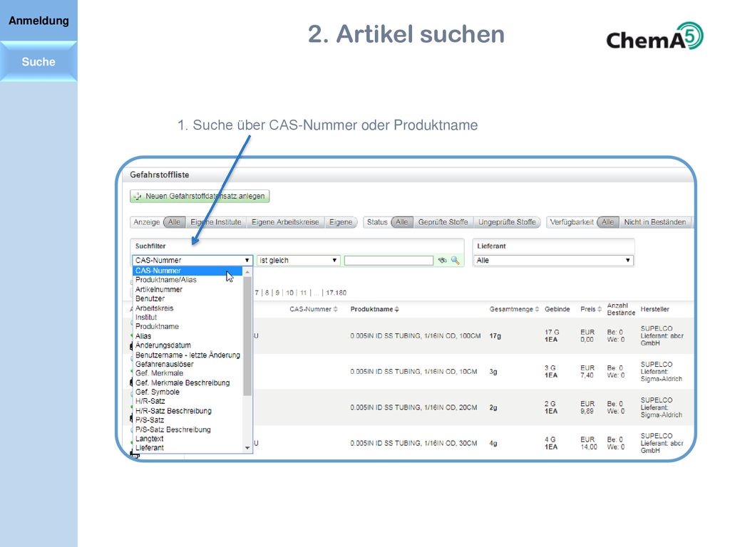 2. Artikel suchen 1. Suche über CAS-Nummer oder Produktname