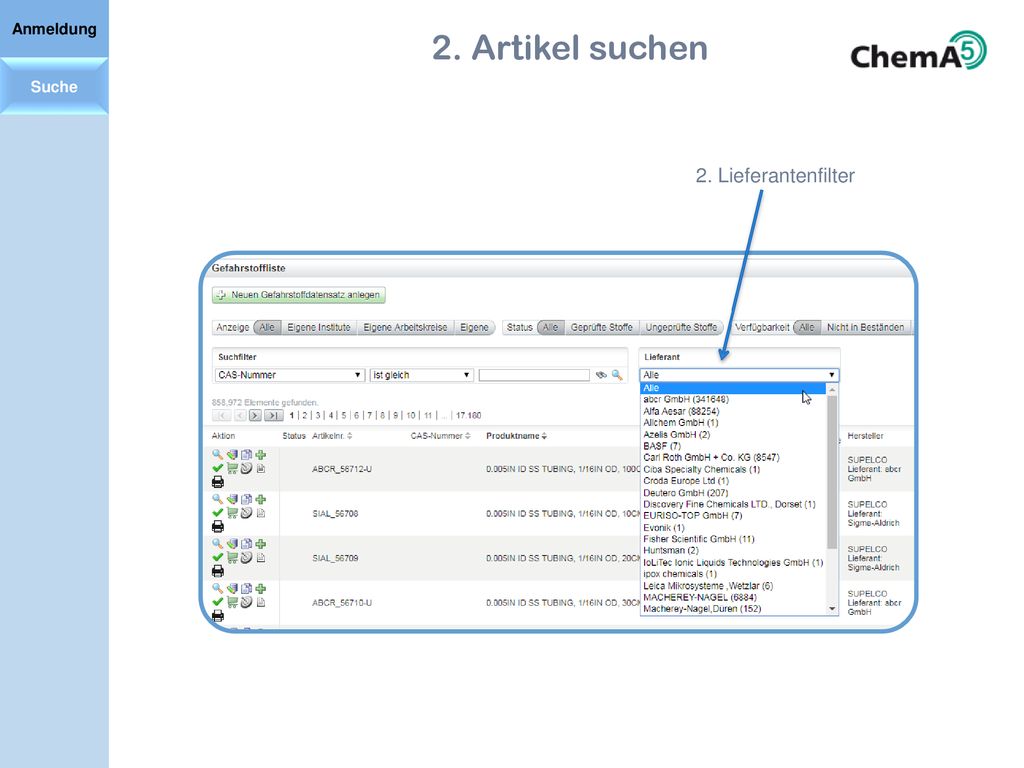 2. Artikel suchen 2. Lieferantenfilter