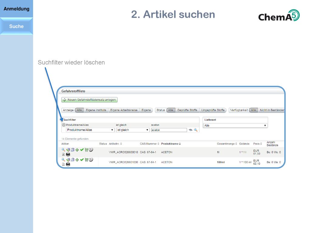 Anmeldung 2. Artikel suchen Suche Suchfilter wieder löschen