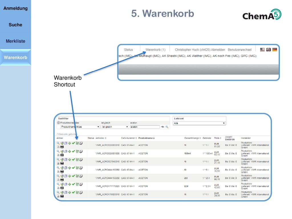 Anmeldung 5. Warenkorb Suche Merkliste Warenkorb Warenkorb Shortcut