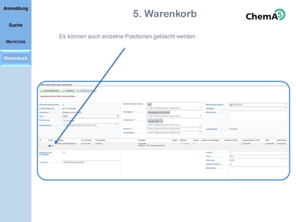 5. Warenkorb Es können auch einzelne Positionen gelöscht werden.