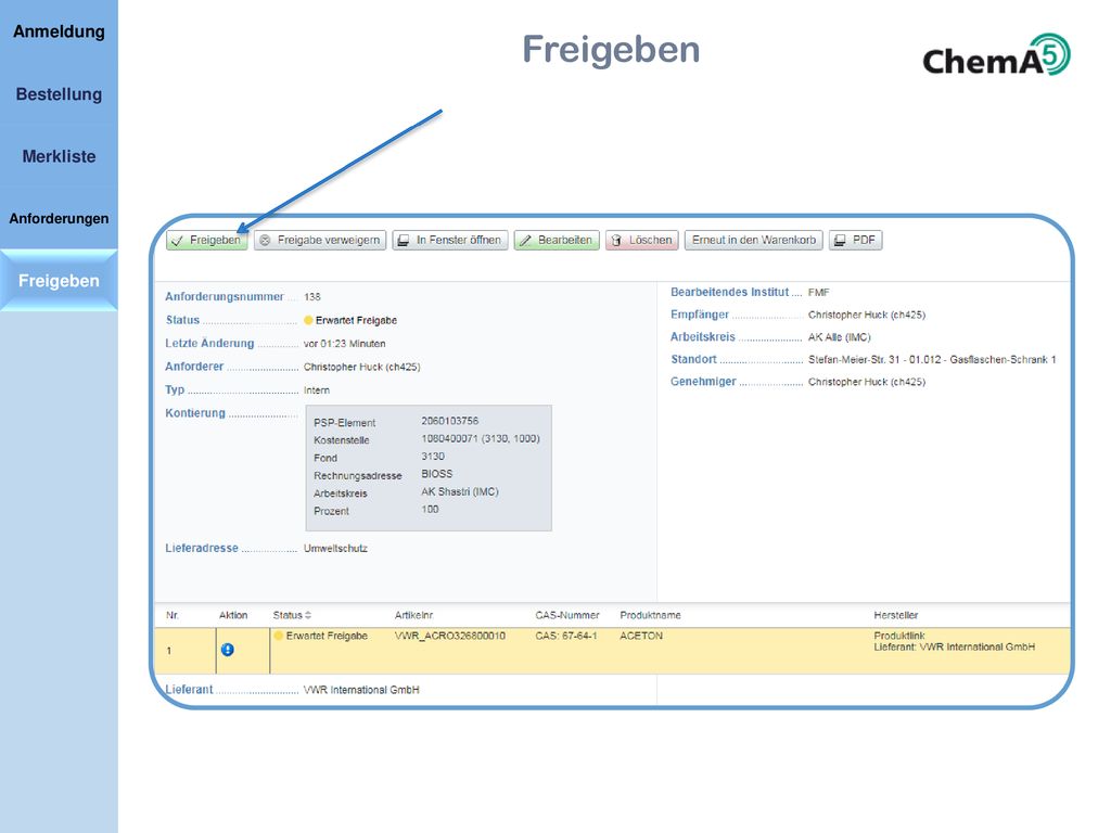 Anmeldung Freigeben Bestellung Merkliste Anforderungen Freigeben