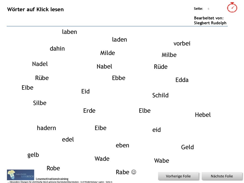 laben laden vorbei dahin Milde Milbe Nadel Nabel Rüde Rübe Ebbe Edda