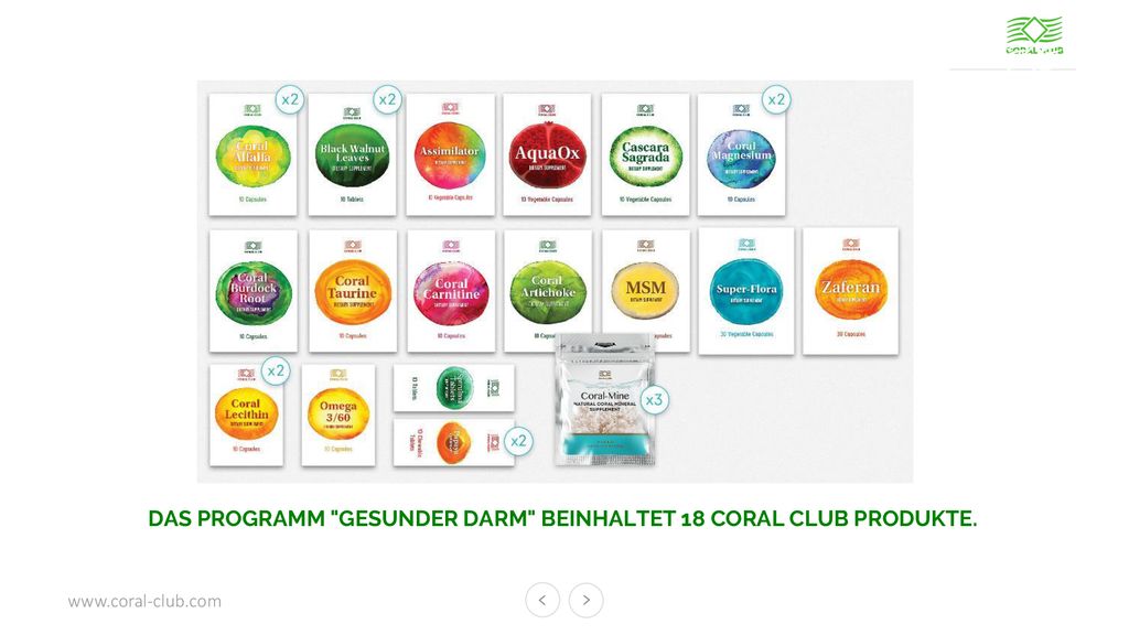 DAS PROGRAMM GESUNDER DARM BEINHALTET 18 CORAL CLUB PRODUKTE.