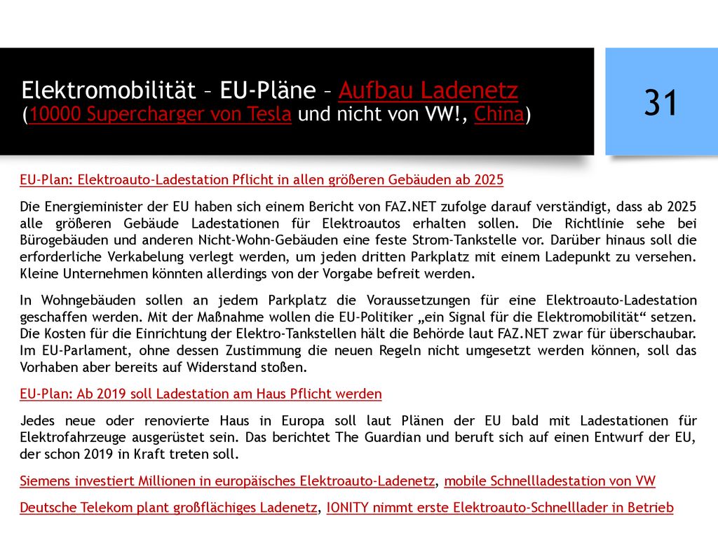 Elektromobilität – EU-Pläne – Aufbau Ladenetz (10000 Supercharger von Tesla und nicht von VW!, China)