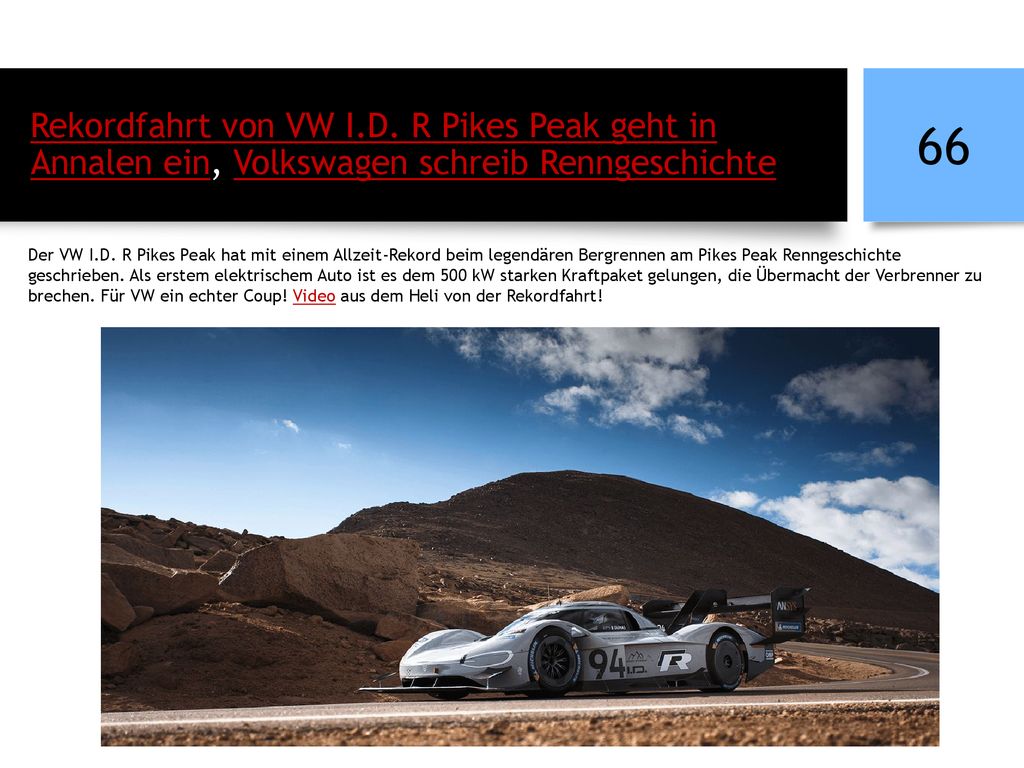Rekordfahrt von VW I.D. R Pikes Peak geht in Annalen ein, Volkswagen schreib Renngeschichte