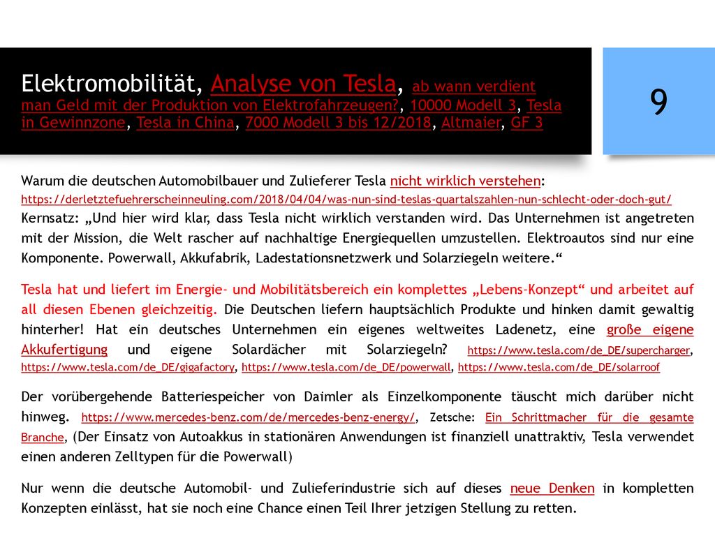 Elektromobilität, Analyse von Tesla, ab wann verdient man Geld mit der Produktion von Elektrofahrzeugen , Modell 3, Tesla in Gewinnzone, Tesla in China, 7000 Modell 3 bis 12/2018, Altmaier, GF 3
