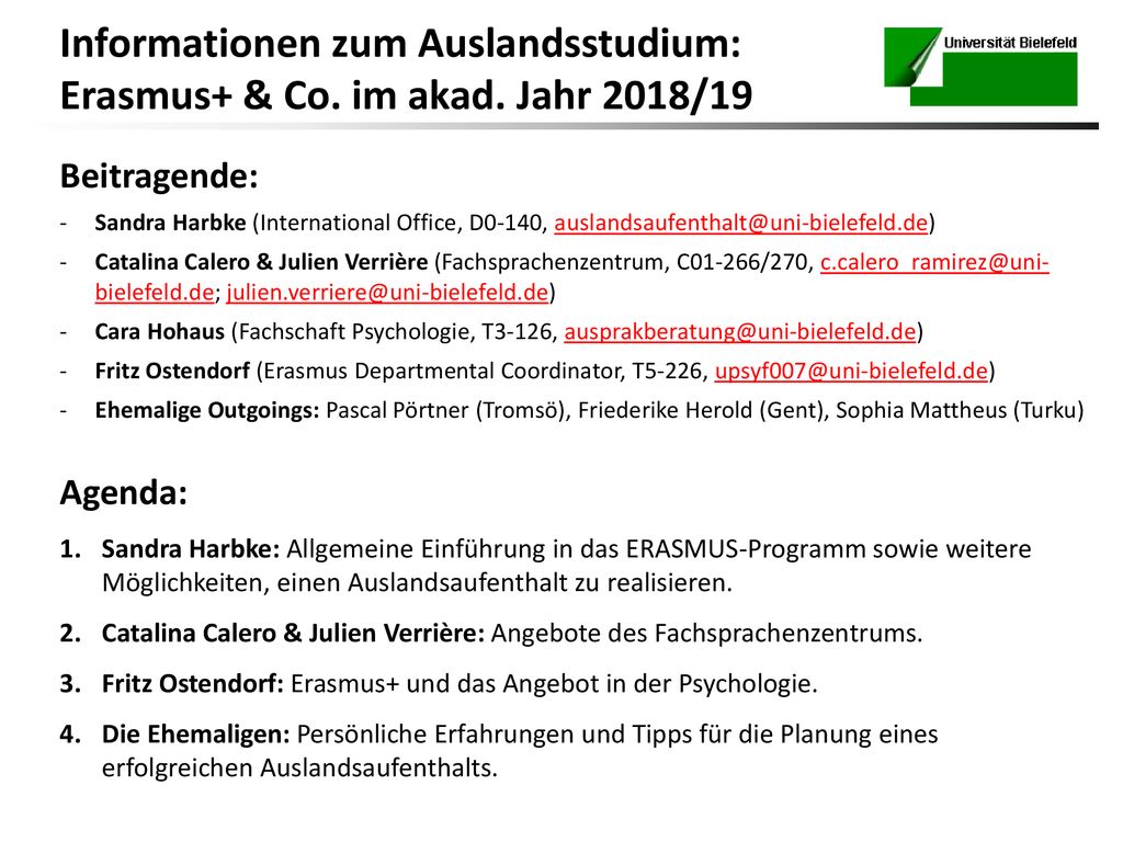 Informationen zum Auslandsstudium: Erasmus+ & Co. im akad. Jahr 2018/19