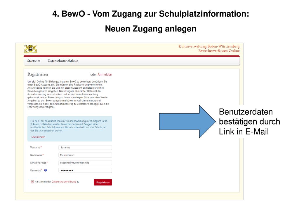 4. BewO - Vom Zugang zur Schulplatzinformation: Neuen Zugang anlegen