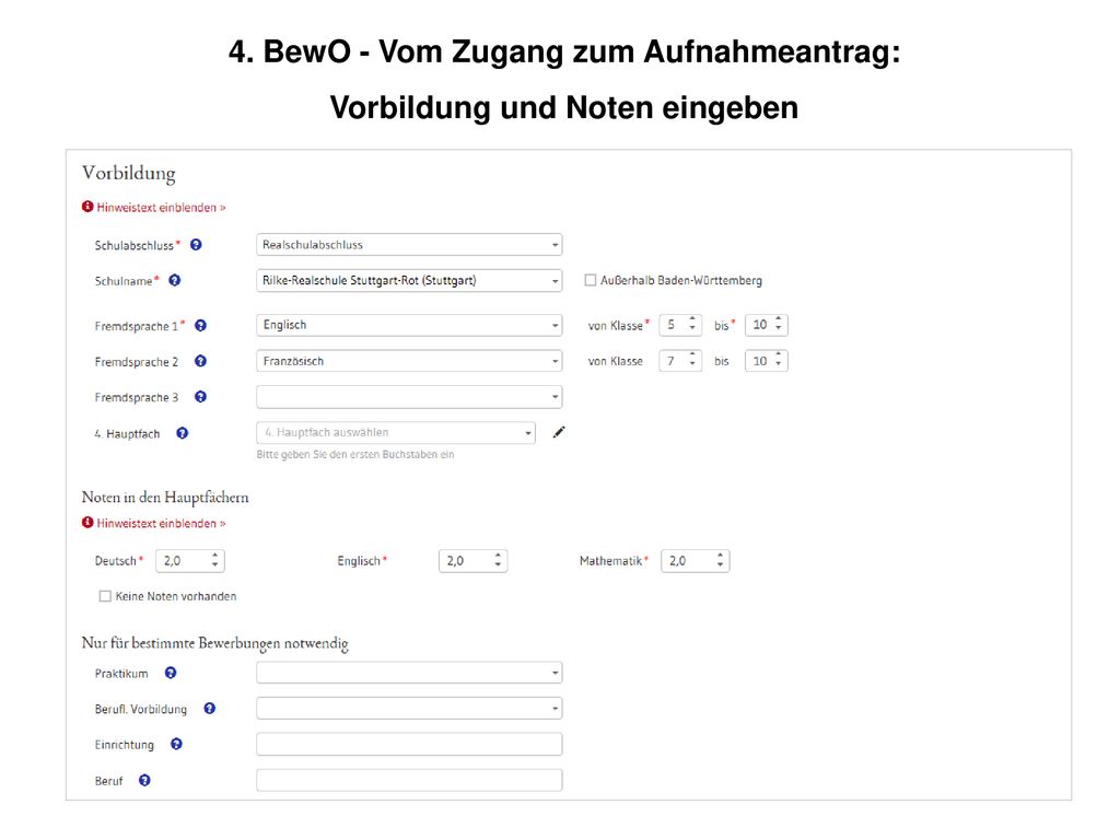 4. BewO - Vom Zugang zum Aufnahmeantrag: Vorbildung und Noten eingeben