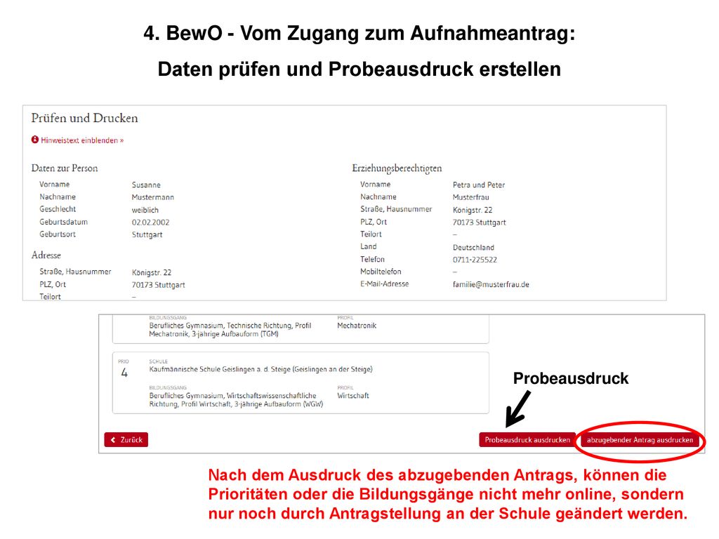 4. BewO - Vom Zugang zum Aufnahmeantrag: Daten prüfen und Probeausdruck erstellen