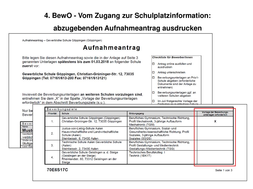 4. BewO - Vom Zugang zur Schulplatzinformation: abzugebenden Aufnahmeantrag ausdrucken