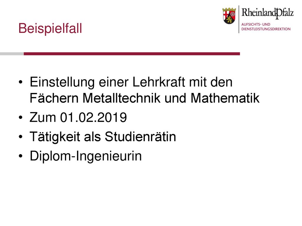 Beispielfall Einstellung einer Lehrkraft mit den Fächern Metalltechnik und Mathematik. Zum