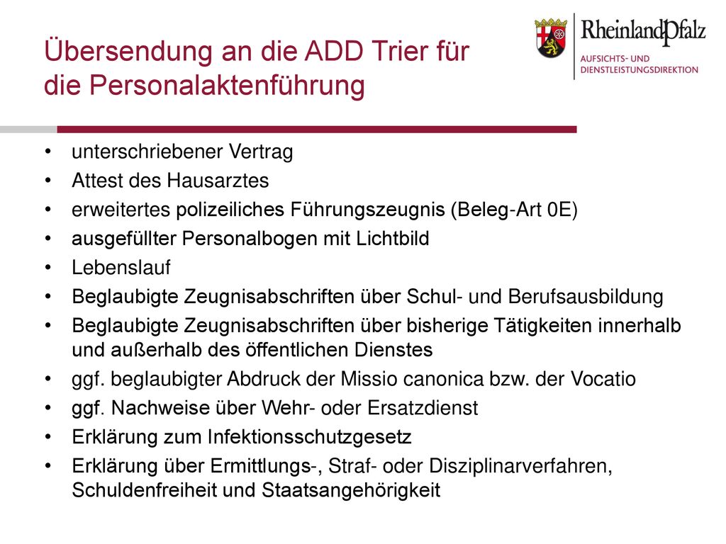 Übersendung an die ADD Trier für die Personalaktenführung