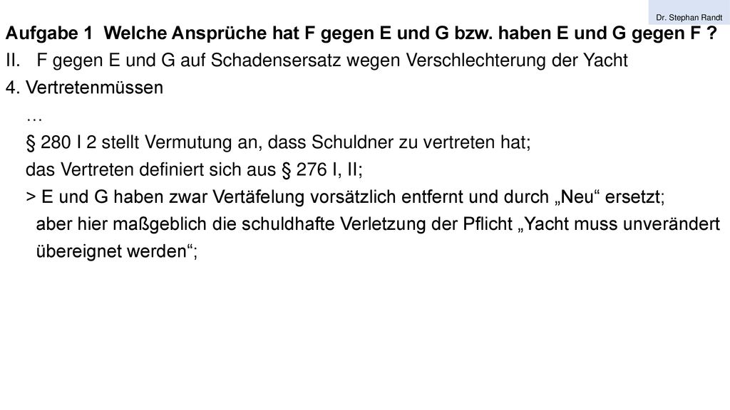 F gegen E und G auf Schadensersatz wegen Verschlechterung der Yacht