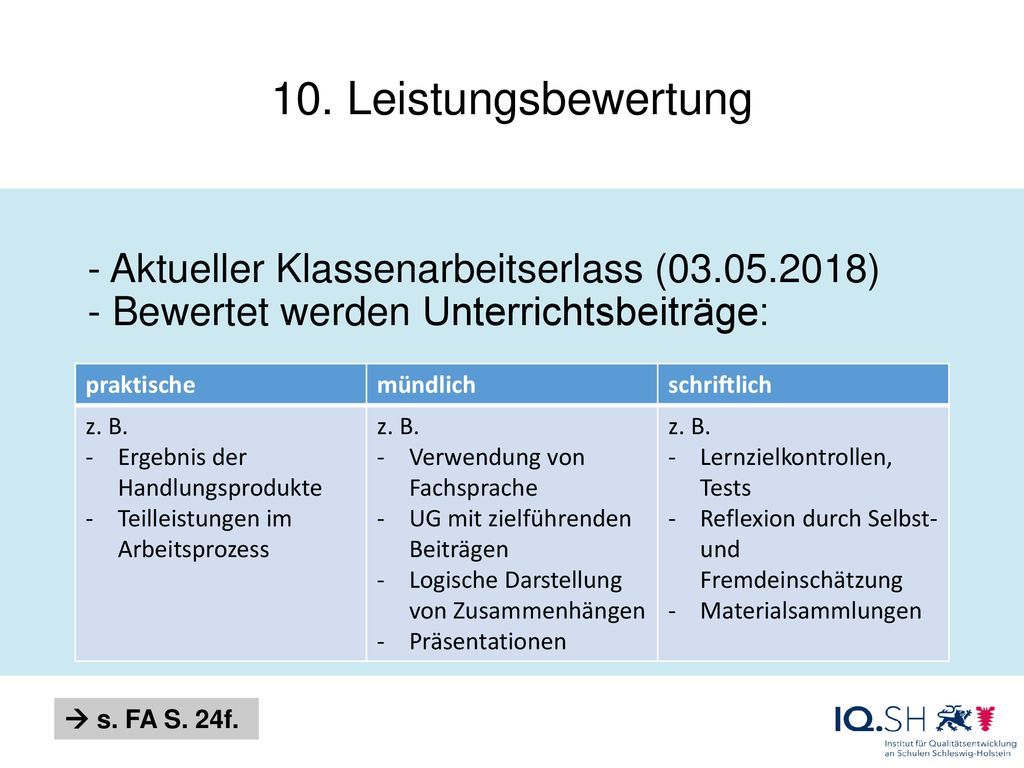 10. Leistungsbewertung - Aktueller Klassenarbeitserlass ( ) - Bewertet werden Unterrichtsbeiträge: