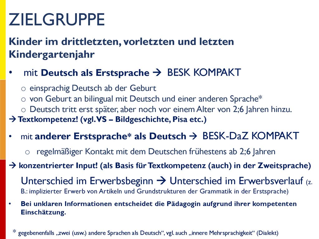 ZIELGRUPPE Kinder im drittletzten, vorletzten und letzten Kindergartenjahr. mit Deutsch als Erstsprache  BESK KOMPAKT.