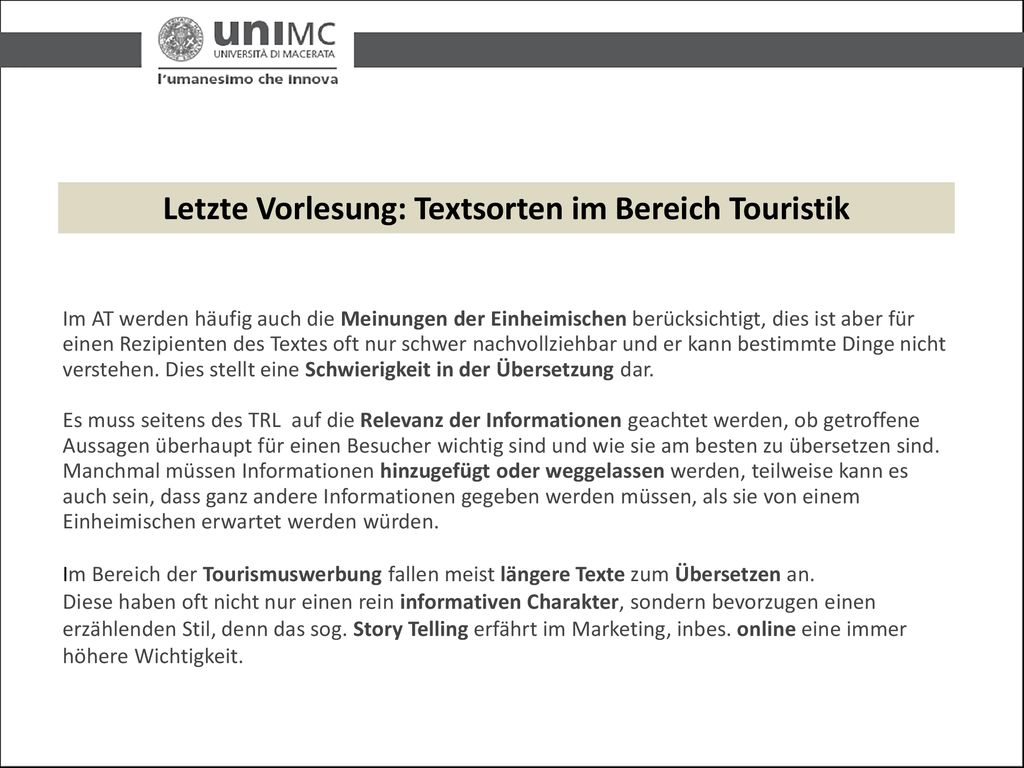 Letzte Vorlesung: Textsorten im Bereich Touristik