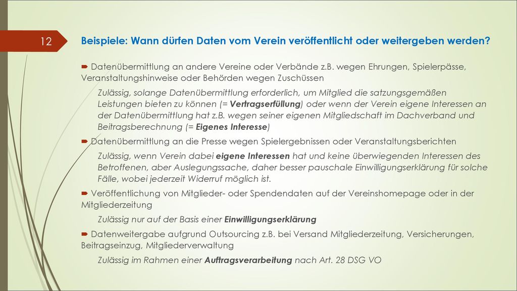 Beispiele: Wann dürfen Daten vom Verein veröffentlicht oder weitergeben werden