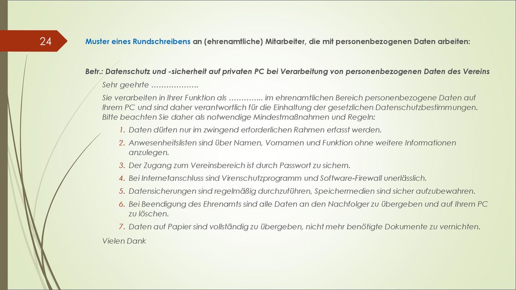 Muster eines Rundschreibens an (ehrenamtliche) Mitarbeiter, die mit personenbezogenen Daten arbeiten: