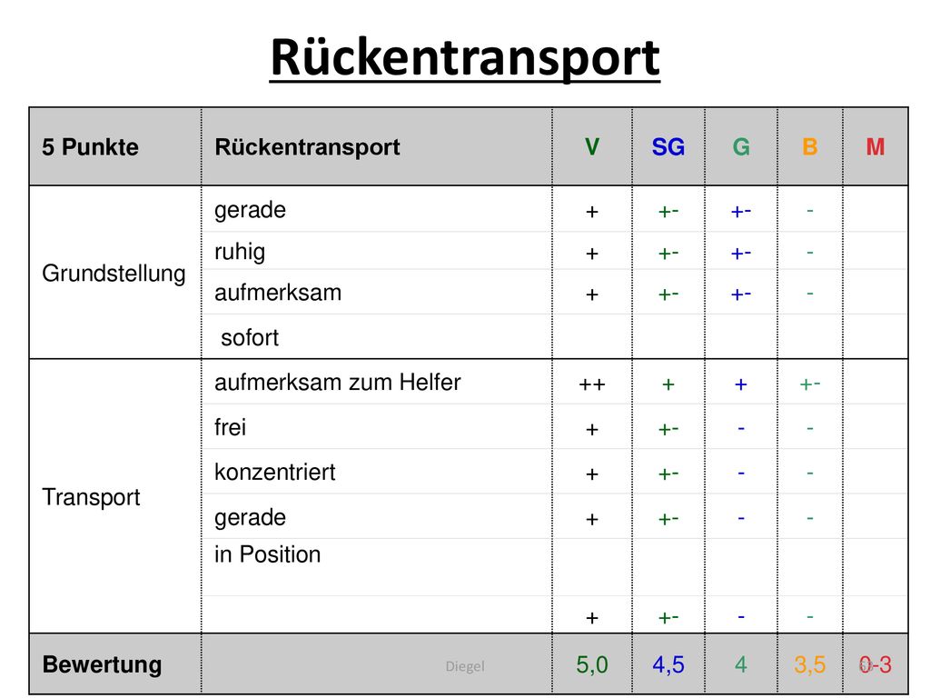 Rückentransport 5 Punkte Rückentransport V SG G B M Grundstellung