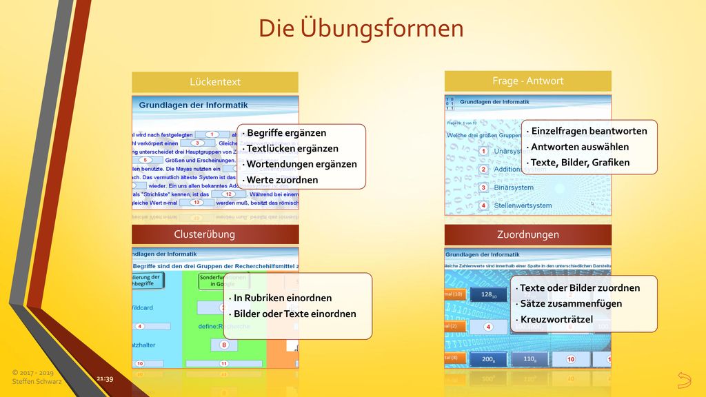 Die Übungsformen Lückentext Frage - Antwort Clusterübung Zuordnungen